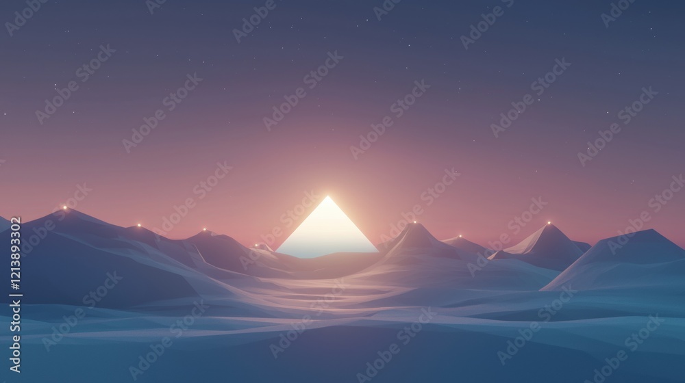 Wall mural a mountain range with a pyramid in the middle and a bright light shining on it