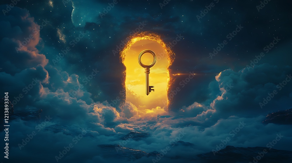 Wall mural a glowing sky with a golden key floating near a giant keyhole symbolizing the unveiling of unexplore
