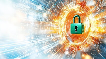 Secure digital padlock in futuristic cyber data network technology concept