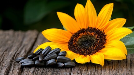 A sunflower seed and a bunch of black seeds are on a wooden table. The sunflower is the main focus of the image, and it is surrounded by the black seeds. Concept of growth and potential