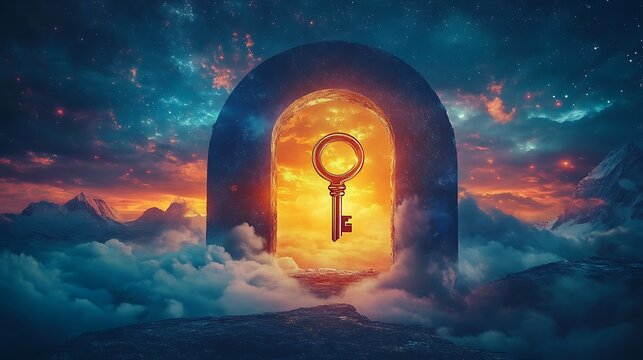 A glowing horizon and a giant keyhole with a floating golden key representing new opportunities and discoveries