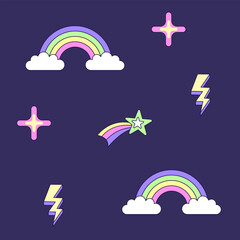 Seamless pattern with vintage comet lightning and rainbow in style of 90s. Multicolored elements on dark background. Retro illustration with outline in 90s style. Vector illustration.