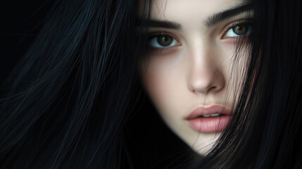 Fototapeta premium Captivating portrait of young Caucasian woman with flowing dark hair and intense gaze