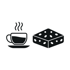 Tea mug drink and brownies food icons with a warm and comforting design