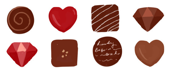 上から見たチョコレートの手書きイラストセット　ハート型・四角・丸・デコレーション