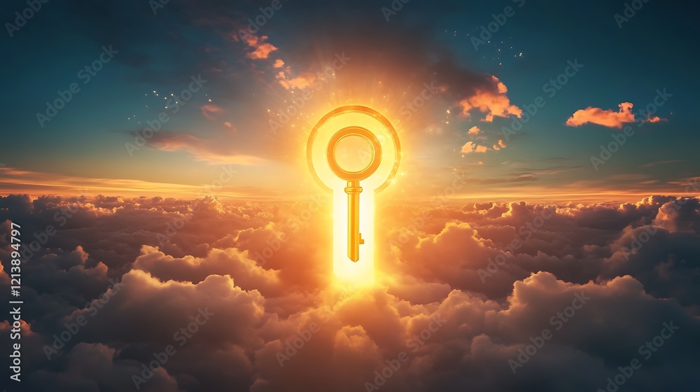 Wall mural glowing keyhole in the sky with a radiant golden key floating nearby symbolizing the unlocking of hi