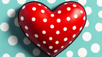 Fototapeta premium A red heart with white polka dots on a blue background. The heart is the main focus of the image and the polka dots add a playful and whimsical touch. The blue background creates a sense of calmness