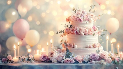 A white wedding cake with pink flowers and pink balloons in the background