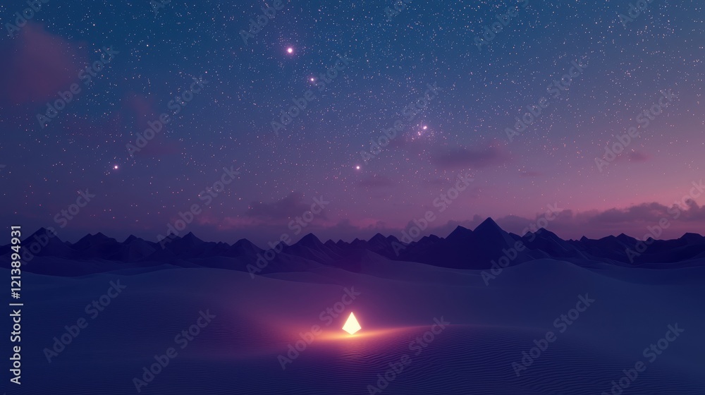 Wall mural a desert landscape with a small glowing light in the sand