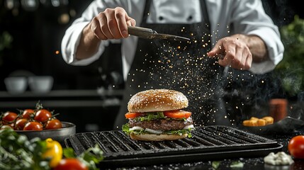 Passionate chef grilling a juicy hamburger over a hot flame on a barbecue grill in a lively outdoor kitchen showcasing culinary skills and vibrant food preparation atmosphere