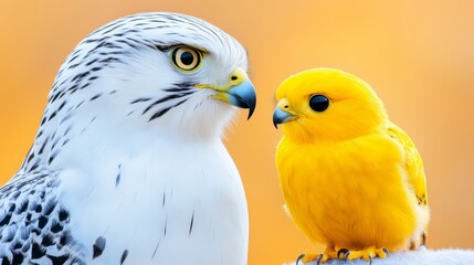 Obraz premium A white bird and a yellow bird are standing next to each other. The white bird is larger and has a more serious expression, while the yellow bird is smaller and has a more playful expression