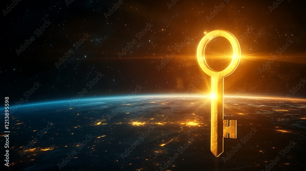 Wall mural glowing horizon with a gigantic keyhole and a golden key floating symbolizing the unlocking of unsee