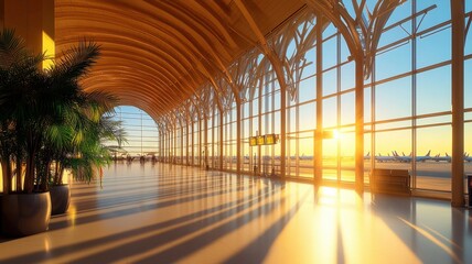 Warm glow of a summer sunset bathes the airport interior, creating a serene and inviting atmosphere.