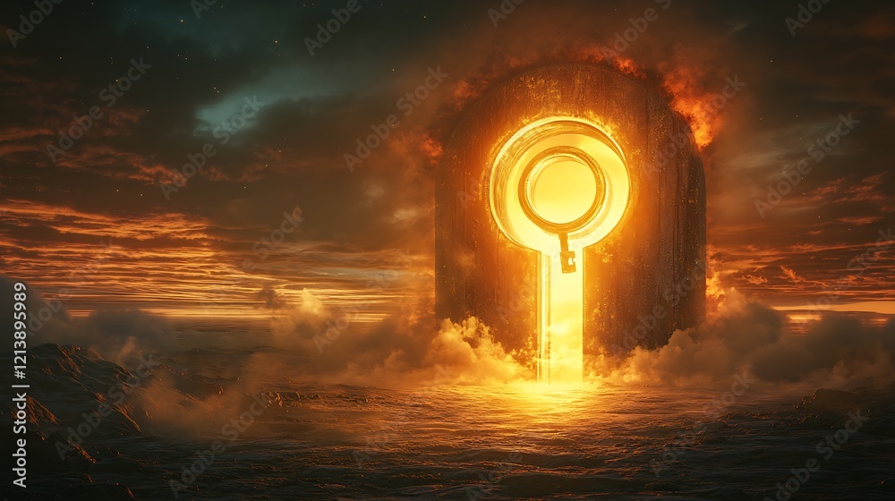 Wall mural glowing horizon with a gigantic keyhole and a radiant golden key representing the unlocking of new p