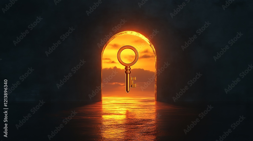 Wall mural glowing horizon with a floating golden key near a keyhole symbolizing the unveiling of untapped oppo