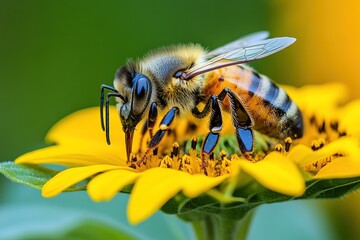Fototapeta premium Closeup of bee pollinating sunflower in bloom