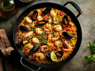 Authentic seafood paella in a black paella pan with mussels, shrimp, and vegetables, presented on a textured dark surface with a rustic charm.