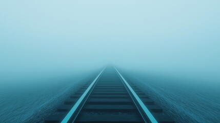 A train track is shown in the fog with a blue sky in the background