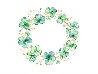 Watercolor shamrock wreath with golden accents, festive Saint Patrick's Day decoration