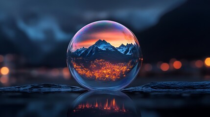 Shimmering soap bubble with vibrant mountains forests and miniature cities inside against dark background
