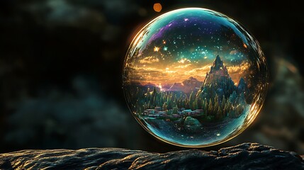 Shimmering soap bubble with vibrant mountains forests and miniature cities inside against dark background