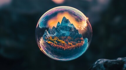 Shimmering soap bubble with vibrant mountains forests and miniature cities inside against dark background