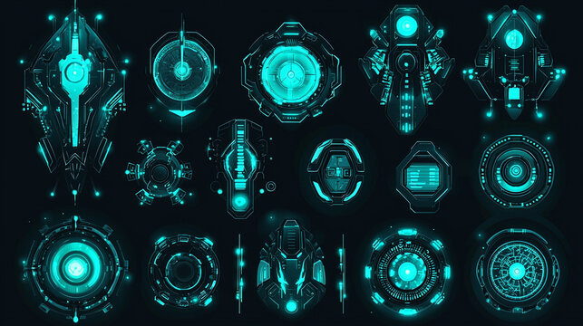 Futuristic teal HUD interface elements set.