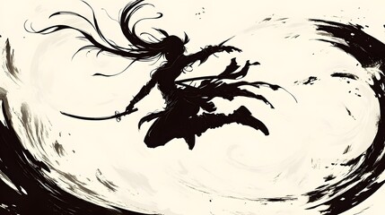 Silhouette of a female warrior leaping with a sword