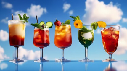 Row of five drinks in tall glasses, each with a different color and garnish. The drinks are lined up on a table, with the first drink on the left and the last on the right