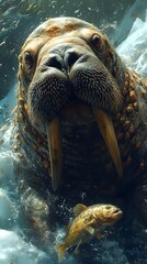 Weathered Walrus Gripping Thrashing Fish on Icy Arctic Flow