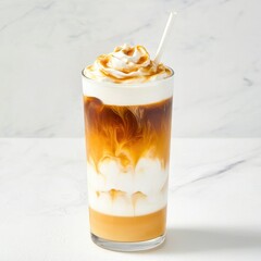 Refreshing iced vanilla coffee delight bright  setting overhead shot cheerful atmosphere invigorating beverage experience