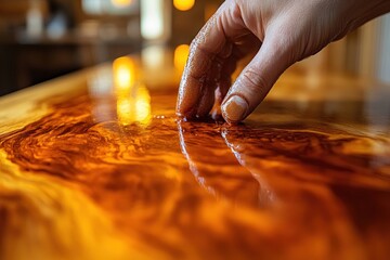 Hand applying finish to glossy wooden surface in workshop
