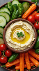 Colorful assorted vegetables like cucumbers, carrots, and tomatoes are arranged around a bowl of smooth hummus