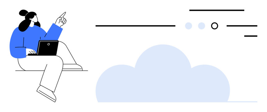 Woman seated with laptop, pointing upwards to data visualization lines and cloud icon. Ideal for tech, communication, remote work, data analytics, cloud storage, online collaboration, digital