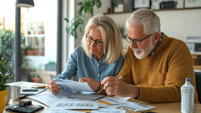 A senior couple reviewing their retirement savings plan with charts and documents at home.