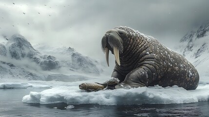 Stoic Walrus Savoring Freshly Caught Fish on Frozen Tundra Landscape