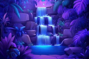 Obraz premium Serene Waterfall in Enchanted Forest with Lush Greenery and Vibrant Purple Hues, Creating a Magical and Tranquil Atmosphere for Nature Lovers