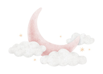 Moon with clouds and stars. Pink crescent moon. Cute baby Isolated hand drawn Watercolor illustration. Design for kid's goods, clothes, textiles, postcards, baby shower and children's room