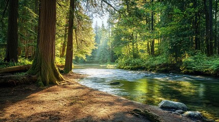 Obraz premium A serene forest scene with a calm river flowing through, surrounded by tall trees and soft sunlight filtering
