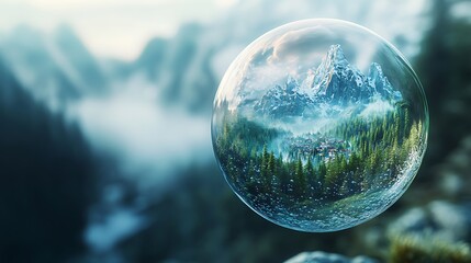Shimmering soap bubble encasing a vibrant world of mountains and cities with lush green forests inside