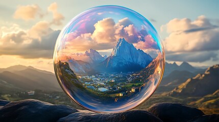Shimmering soap bubble encasing a vibrant world of mountains and cities with lush green forests inside