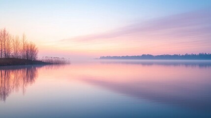 Fototapeta premium A serene lake at dawn, the waterâ€™s surface smooth and glass-like, reflecting the soft colors of the sky.