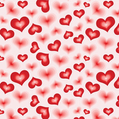 Seamless pattern red hearts in various sizes and shades on light background. Romantic design perfect Valentine's Day, weddings, anniversaries, love-themed projects. Ideal backgrounds, textiles, Vector