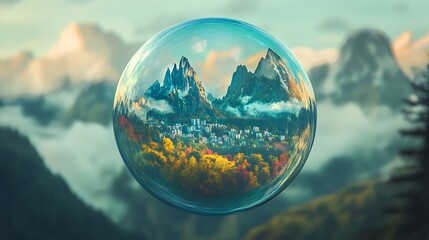 Shimmering soap bubble encasing a vibrant world of mountains and cities with lush green forests inside