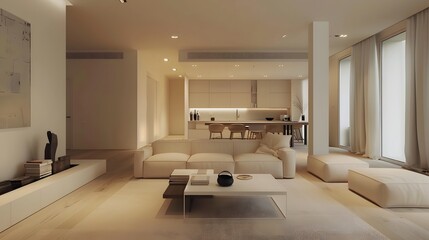 Minimalist living area with a neutral color palette and clean lines