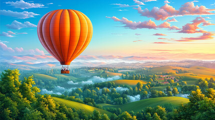 Naklejka premium Hot air balloon soaring over scenic landscape at sunrise.