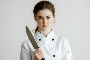 Confident female chef holding a large knife against a light gray background, portrait shot conveying culinary expertise and determination