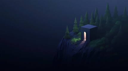 A dark forest with a small building in the middle