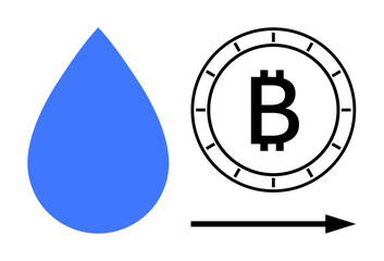 Blue water droplet and black Bitcoin coin connected by a forward arrow. Ideal for cryptocurrency, conversion, digital economy, innovation, technology, finance, and investment themes. Line metaphor