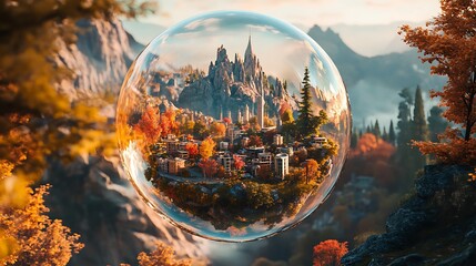 Soap bubble reflecting a miniature landscape with vibrant cities mountains and forests nestled inside